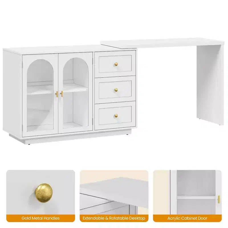 Heynemo Makeup Vanity Desk, Extendable Corner Vanity Makeup Table with 3 Drawers & 2 Doors, Modern Dressing Table for Bedroom