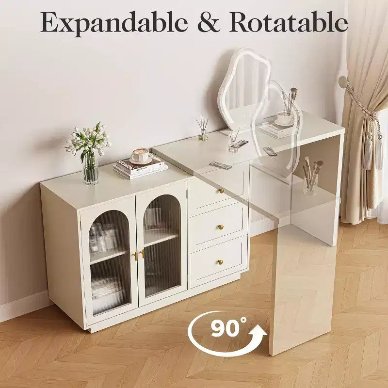 Heynemo Makeup Vanity Desk, Extendable Corner Vanity Makeup Table with 3 Drawers & 2 Doors, Modern Dressing Table for Bedroom