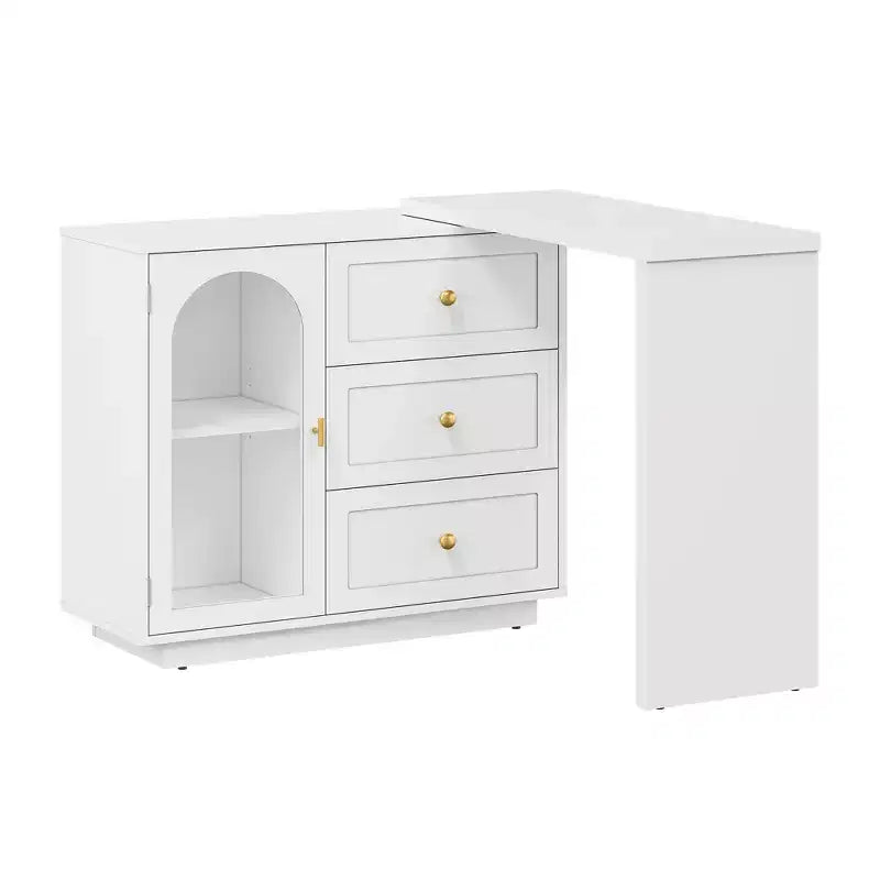 Heynemo Makeup Vanity Desk, Extendable Corner Vanity Makeup Table with 3 Drawers & 2 Doors, Modern Dressing Table for Bedroom