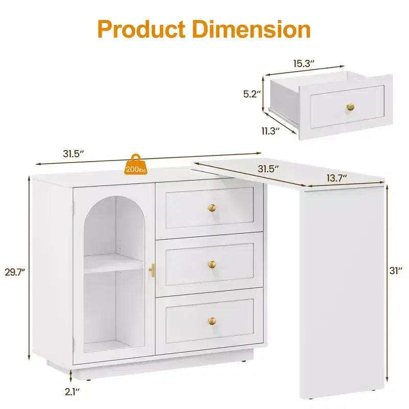 Heynemo Makeup Vanity Desk, Extendable Corner Vanity Makeup Table with 3 Drawers & 2 Doors, Modern Dressing Table for Bedroom