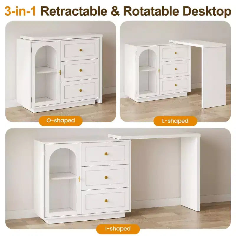 Heynemo Makeup Vanity Desk, Extendable Corner Vanity Makeup Table with 3 Drawers & 2 Doors, Modern Dressing Table for Bedroom