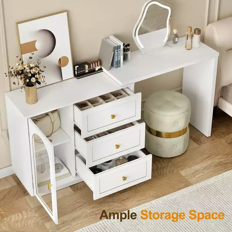 Heynemo Makeup Vanity Desk, Extendable Corner Vanity Makeup Table with 3 Drawers & 2 Doors, Modern Dressing Table for Bedroom