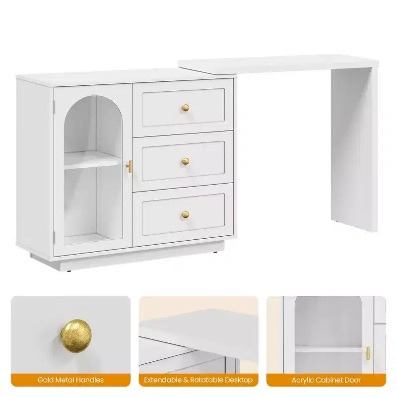 Heynemo Makeup Vanity Desk, Extendable Corner Vanity Makeup Table with 3 Drawers & 2 Doors, Modern Dressing Table for Bedroom
