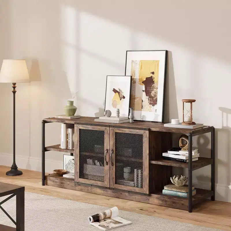 Farmhouse TV Stand for 65/75 inches TVs, Entertainment Center with Storage Cabinet and Mesh Doors, Industrial TV Media Console Cabinet Table