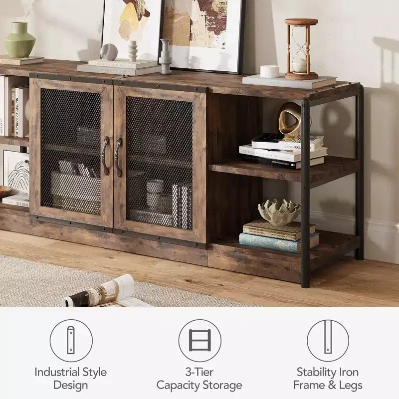 Farmhouse TV Stand for 65/75 inches TVs, Entertainment Center with Storage Cabinet and Mesh Doors, Industrial TV Media Console Cabinet Table
