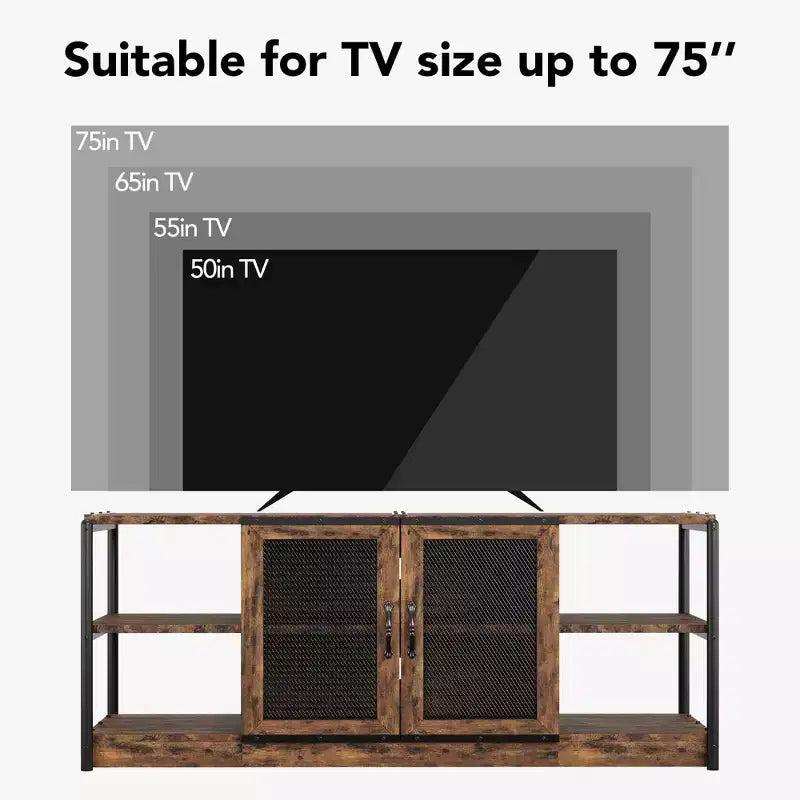 Farmhouse TV Stand for 65/75 inches TVs, Entertainment Center with Storage Cabinet and Mesh Doors, Industrial TV Media Console Cabinet Table