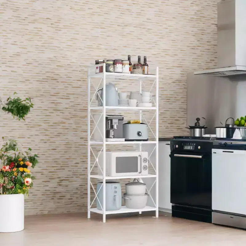 LEDREM Cloud White Étagère de Rangement Métallique à 5 Niveaux avec Cadres Latéraux en X et Maillage Dense. 32 x 60 x 145,5 cm, elle présente un style industriel et est parfaite