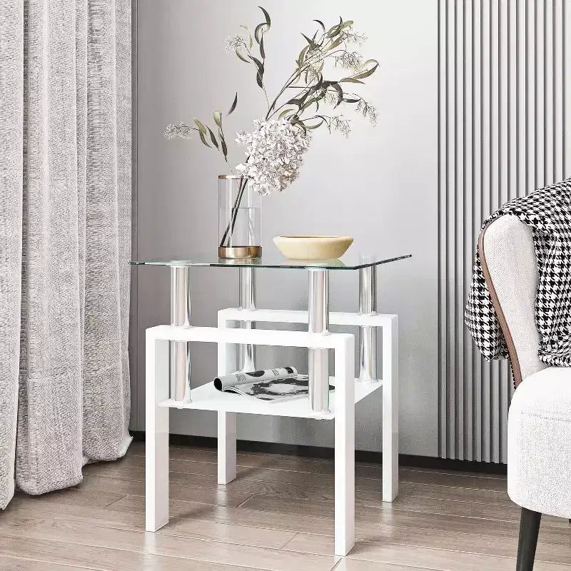MAYEERTY Modern Tempered Glass End Table, Square Side Table for Living Room Bedroom, Transparent