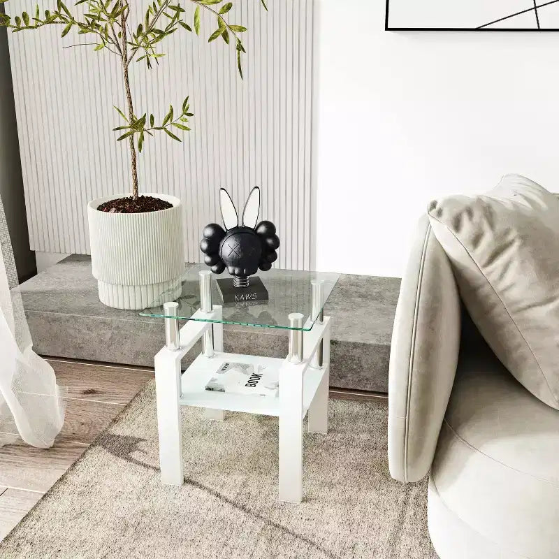 MAYEERTY Modern Tempered Glass End Table, Square Side Table for Living Room Bedroom, Transparent