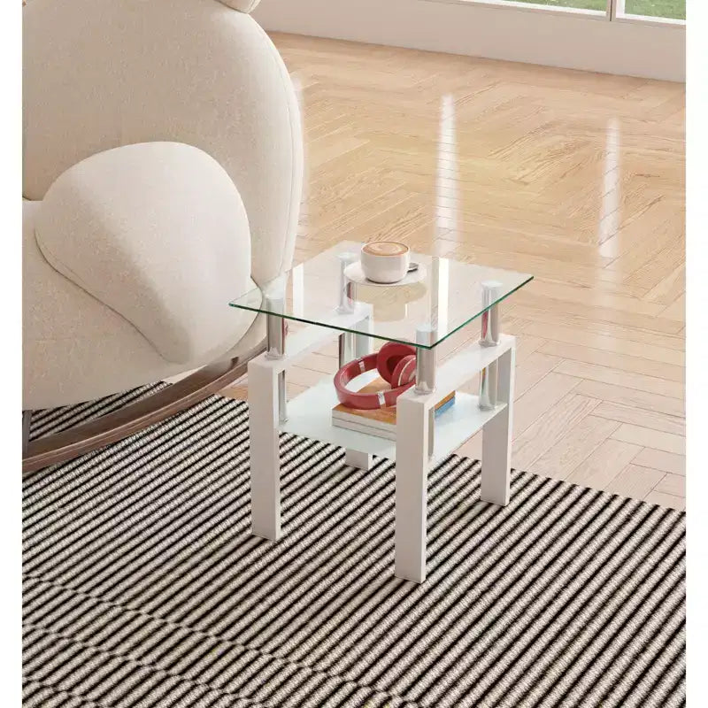 MAYEERTY Modern Tempered Glass End Table, Square Side Table for Living Room Bedroom, Transparent