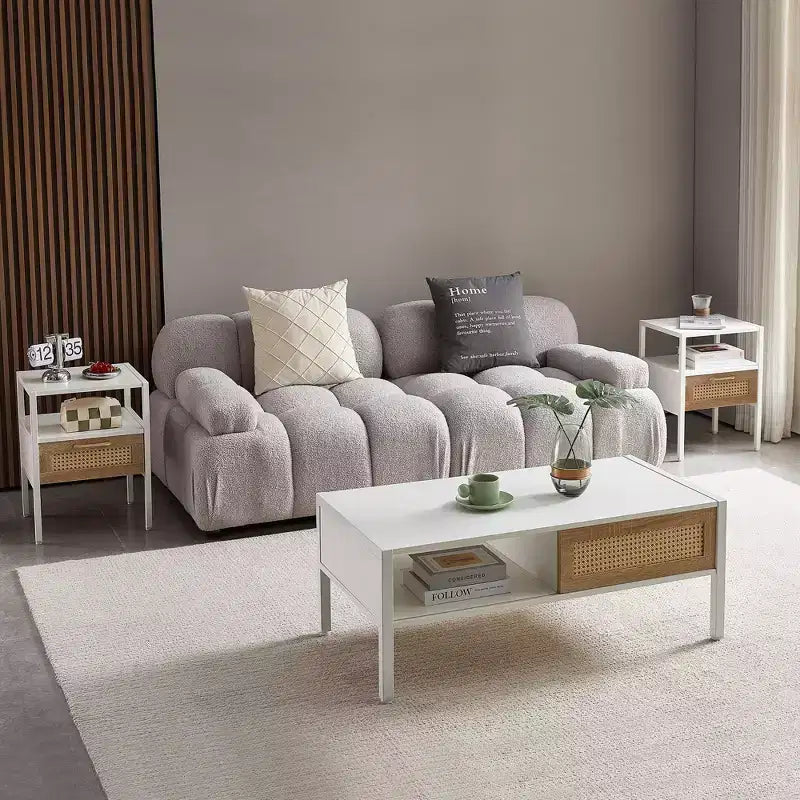 MAYEERTY Lot de 2 tables d'appoint en rotin, tables de chevet modernes avec tiroir, tables d'appoint pour salon, chambre à coucher, blanc