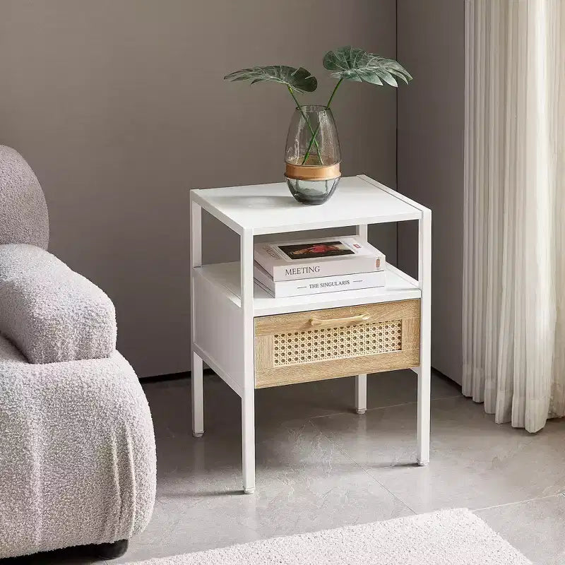 MAYEERTY Lot de 2 tables d'appoint en rotin, tables de chevet modernes avec tiroir, tables d'appoint pour salon, chambre à coucher, blanc