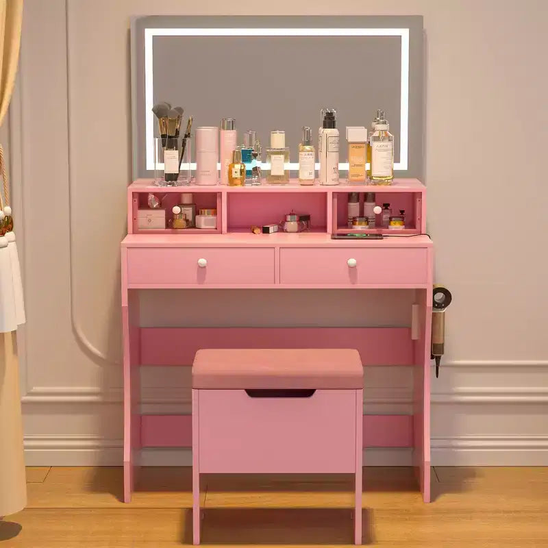 VECELO Vanity Desk with LED Lighted Mirror & Power Outlet, Makeup Table with 4 Drawers & Storage Stool, Adjustable 3 Lighting Modes for Bedroom