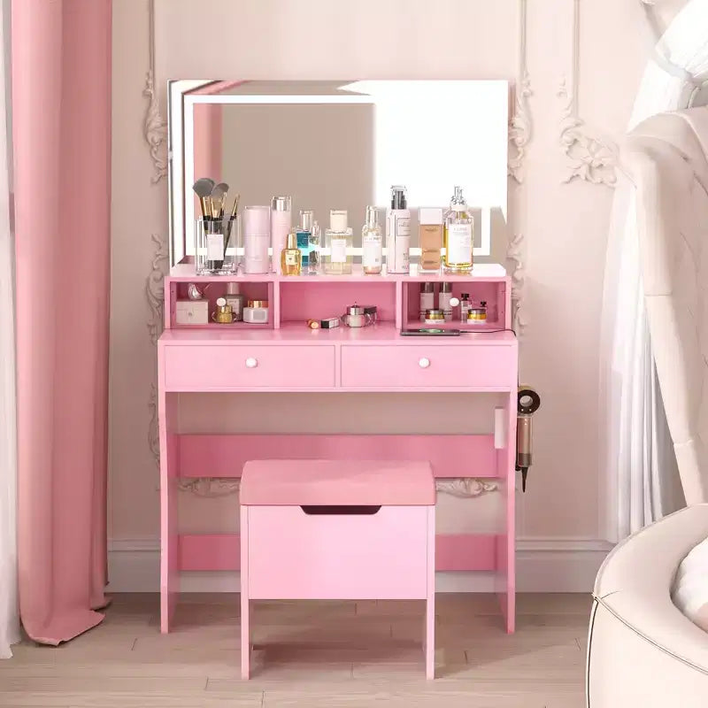 VECELO Vanity Desk with LED Lighted Mirror & Power Outlet, Makeup Table with 4 Drawers & Storage Stool, Adjustable 3 Lighting Modes for Bedroom