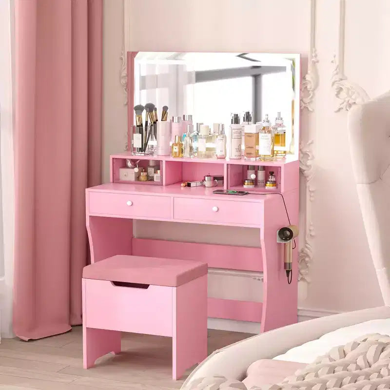 VECELO Vanity Desk with LED Lighted Mirror & Power Outlet, Makeup Table with 4 Drawers & Storage Stool, Adjustable 3 Lighting Modes for Bedroom