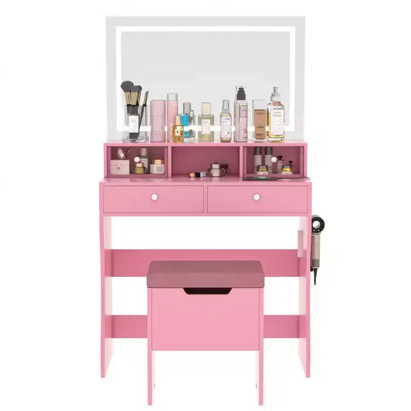 VECELO Vanity Desk with LED Lighted Mirror & Power Outlet, Makeup Table with 4 Drawers & Storage Stool, Adjustable 3 Lighting Modes for Bedroom