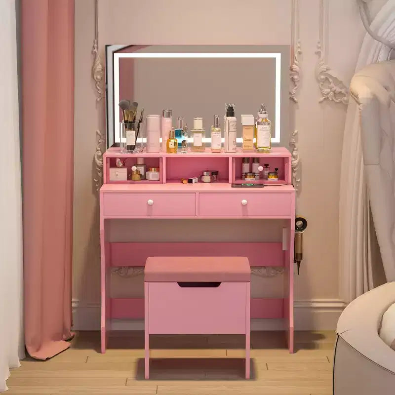 VECELO Vanity Desk with LED Lighted Mirror & Power Outlet, Makeup Table with 4 Drawers & Storage Stool, Adjustable 3 Lighting Modes for Bedroom