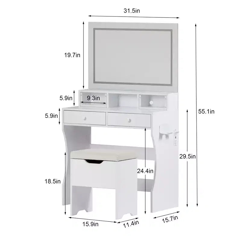 VECELO Vanity Desk with LED Lighted Mirror & Power Outlet, Makeup Table with 4 Drawers & Storage Stool, Adjustable 3 Lighting Modes for Bedroom