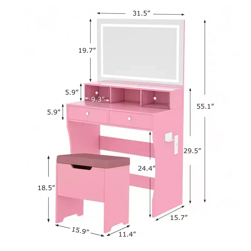 VECELO Vanity Desk with LED Lighted Mirror & Power Outlet, Makeup Table with 4 Drawers & Storage Stool, Adjustable 3 Lighting Modes for Bedroom
