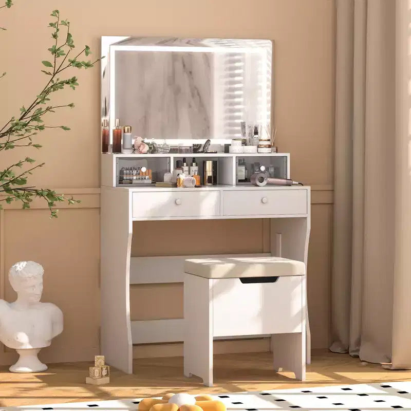 VECELO Vanity Desk with LED Lighted Mirror & Power Outlet, Makeup Table with 4 Drawers & Storage Stool, Adjustable 3 Lighting Modes for Bedroom