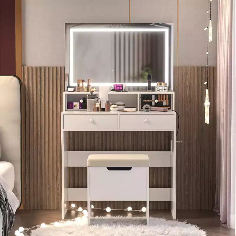 VECELO Vanity Desk with LED Lighted Mirror & Power Outlet, Makeup Table with 4 Drawers & Storage Stool, Adjustable 3 Lighting Modes for Bedroom