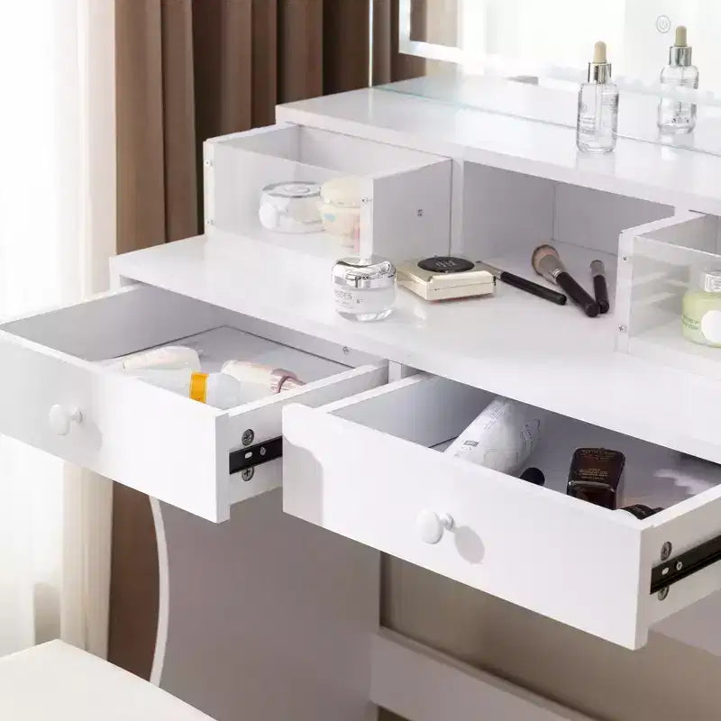 VECELO Vanity Desk with LED Lighted Mirror & Power Outlet, Makeup Table with 4 Drawers & Storage Stool, Adjustable 3 Lighting Modes for Bedroom