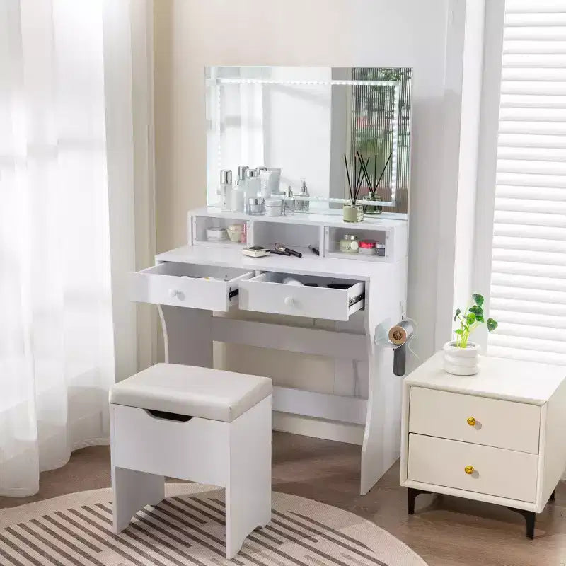 VECELO Vanity Desk with LED Lighted Mirror & Power Outlet, Makeup Table with 4 Drawers & Storage Stool, Adjustable 3 Lighting Modes for Bedroom