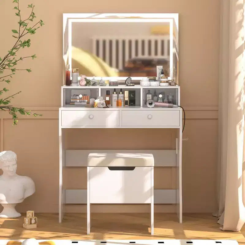 VECELO Vanity Desk with LED Lighted Mirror & Power Outlet, Makeup Table with 4 Drawers & Storage Stool, Adjustable 3 Lighting Modes for Bedroom