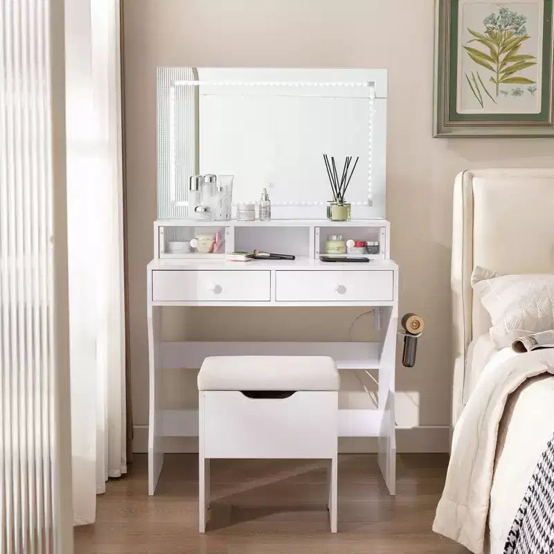 VECELO Vanity Desk with LED Lighted Mirror & Power Outlet, Makeup Table with 4 Drawers & Storage Stool, Adjustable 3 Lighting Modes for Bedroom