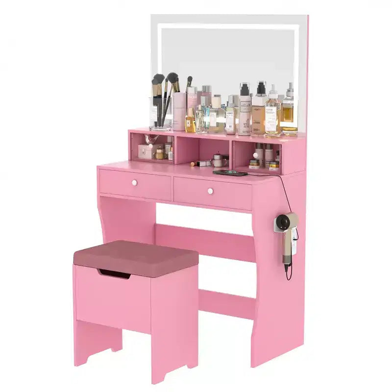VECELO Vanity Desk with LED Lighted Mirror & Power Outlet, Makeup Table with 4 Drawers & Storage Stool, Adjustable 3 Lighting Modes for Bedroom