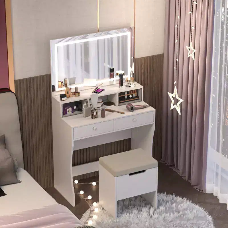 VECELO Vanity Desk with LED Lighted Mirror & Power Outlet, Makeup Table with 4 Drawers & Storage Stool, Adjustable 3 Lighting Modes for Bedroom