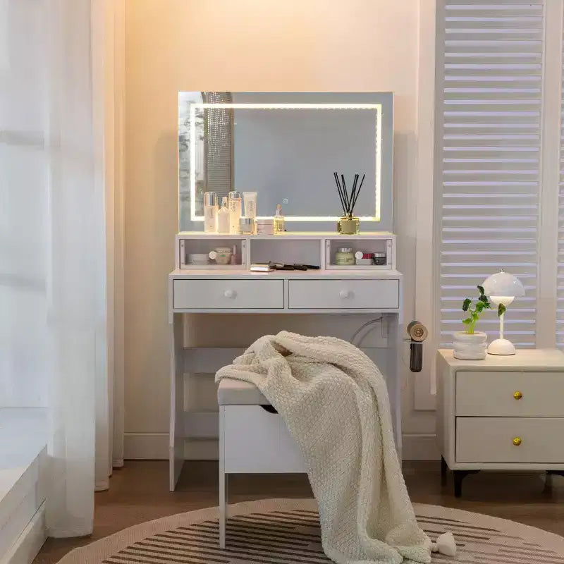 VECELO Vanity Desk with LED Lighted Mirror & Power Outlet, Makeup Table with 4 Drawers & Storage Stool, Adjustable 3 Lighting Modes for Bedroom