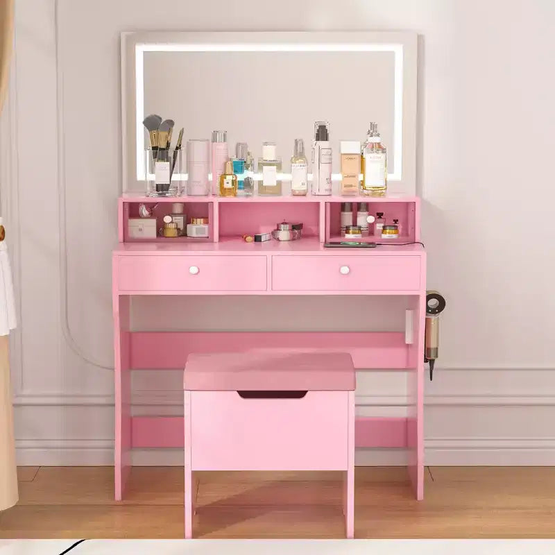 VECELO Vanity Desk with LED Lighted Mirror & Power Outlet, Makeup Table with 4 Drawers & Storage Stool, Adjustable 3 Lighting Modes for Bedroom