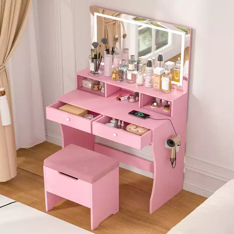 VECELO Vanity Desk with LED Lighted Mirror & Power Outlet, Makeup Table with 4 Drawers & Storage Stool, Adjustable 3 Lighting Modes for Bedroom