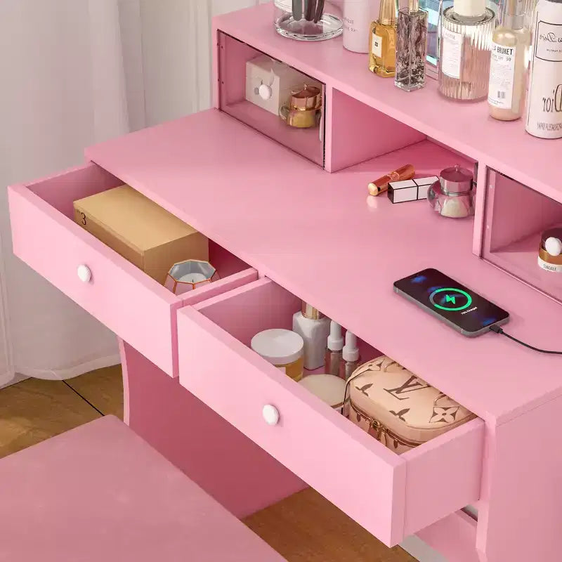 VECELO Vanity Desk with LED Lighted Mirror & Power Outlet, Makeup Table with 4 Drawers & Storage Stool, Adjustable 3 Lighting Modes for Bedroom
