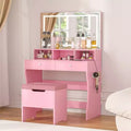 VECELO Vanity Desk with LED Lighted Mirror & Power Outlet, Makeup Table with 4 Drawers & Storage Stool, Adjustable 3 Lighting Modes for Bedroom