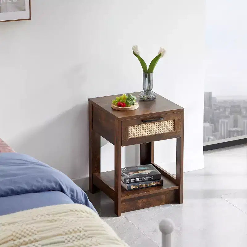 MAYEERTY Rattan End Table with Drawer, Modern Nightstand, Side Table for Living Room, Bedroom, Rustic Brown