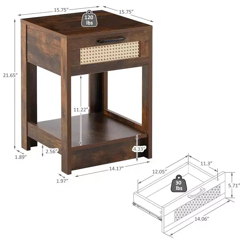 MAYEERTY Rattan End Table with Drawer, Modern Nightstand, Side Table for Living Room, Bedroom, Rustic Brown