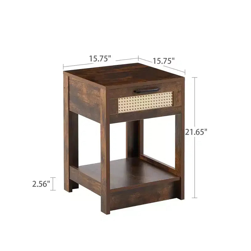 MAYEERTY Rattan End Table with Drawer, Modern Nightstand, Side Table for Living Room, Bedroom, Rustic Brown