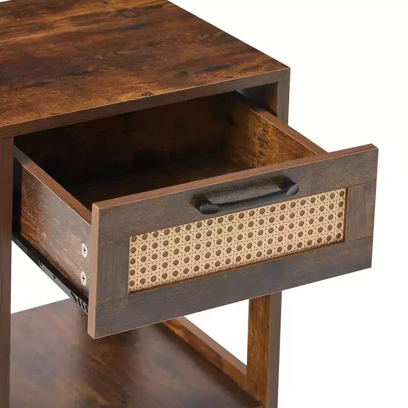 MAYEERTY Rattan End Table with Drawer, Modern Nightstand, Side Table for Living Room, Bedroom, Rustic Brown