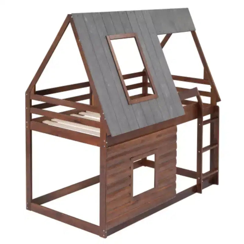 Lit superposé cabane en bois de taille double avec toit, échelle et 2 fenêtres, chêne et gris fumé