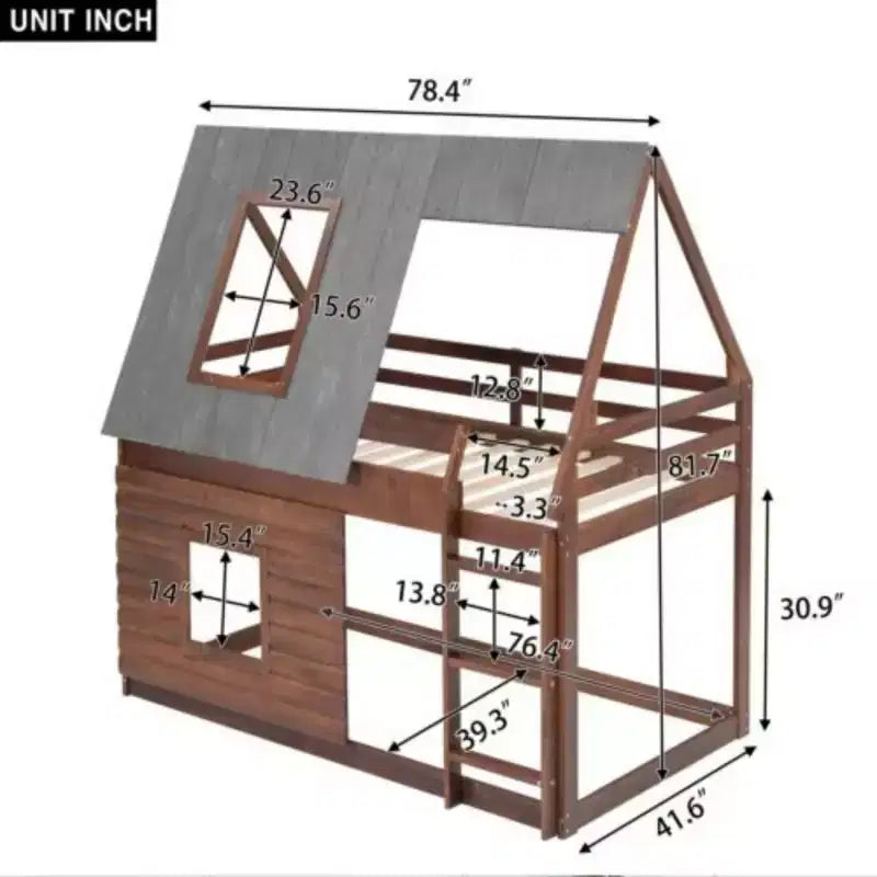 Lit superposé cabane en bois de taille double avec toit, échelle et 2 fenêtres, chêne et gris fumé