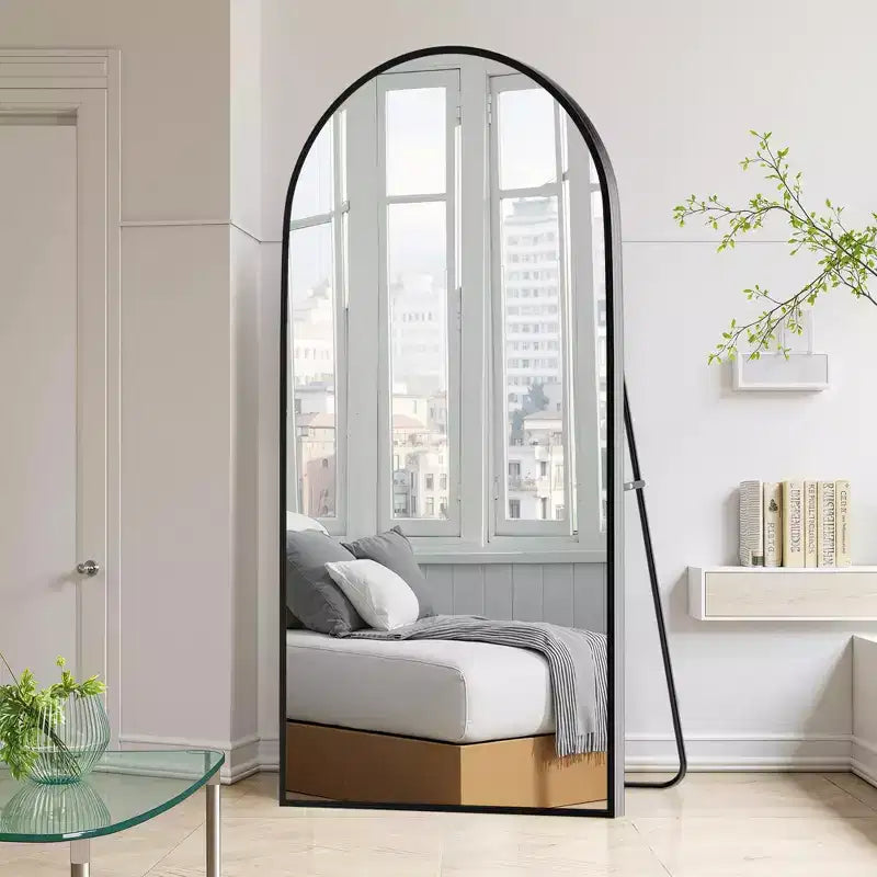 Miroir pleine longueur arqué noir à bords fins en alliage d'aluminium 180x96x1.5cm (avec support)