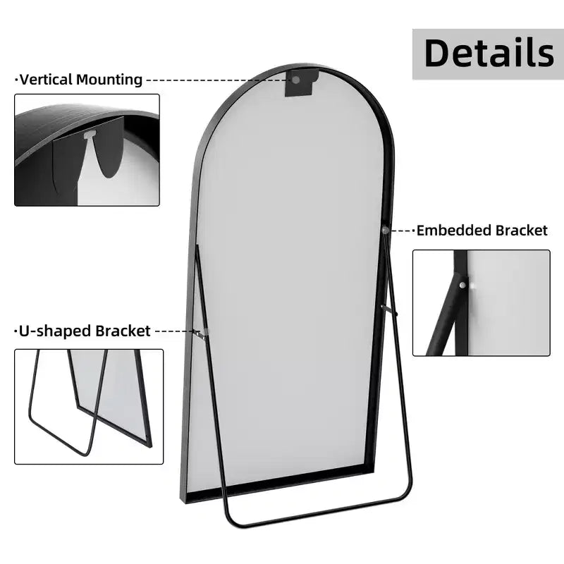 Miroir pleine longueur arqué noir à bords fins en alliage d'aluminium 180x96x1.5cm (avec support)