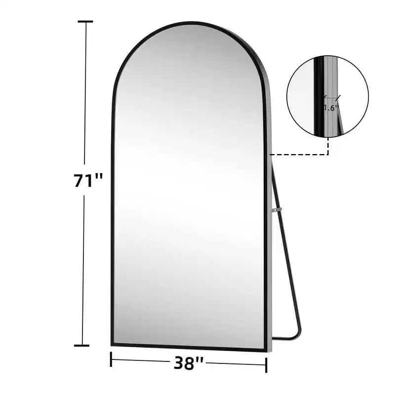 Miroir pleine longueur arqué noir à bords fins en alliage d'aluminium 180x96x1.5cm (avec support)
