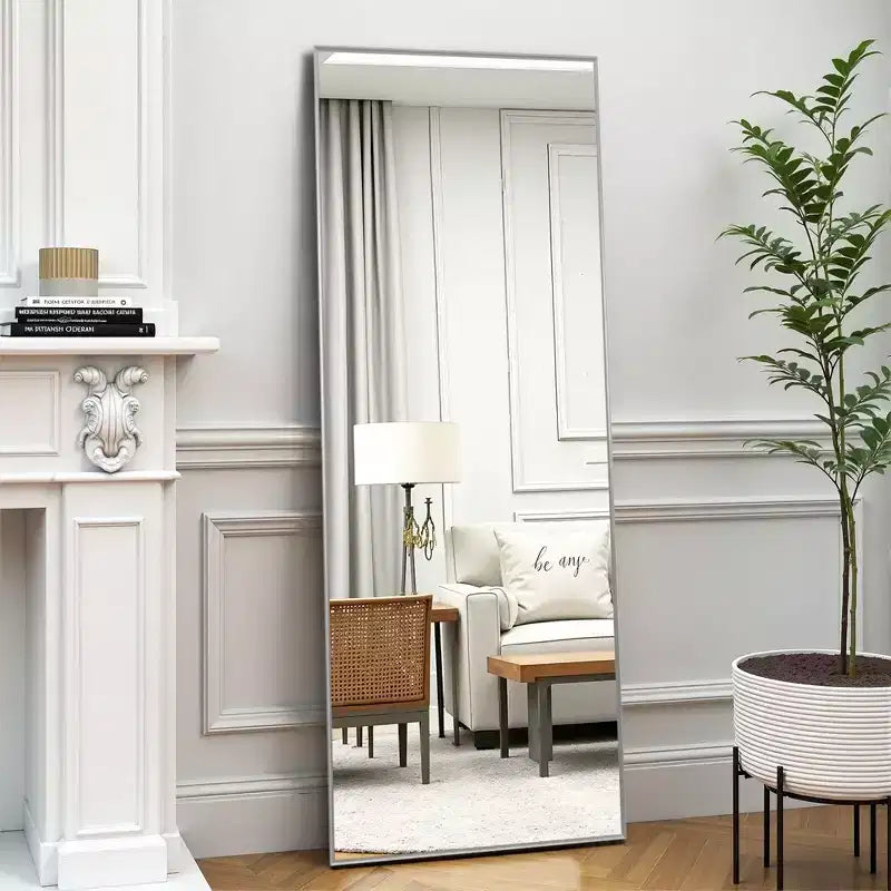 Miroir rectangulaire intégral à bords fins argentés en alliage d'aluminium, 163x54x1,5cm (Support inclus)