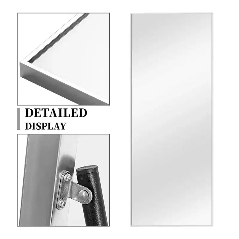 Miroir rectangulaire intégral à bords fins argentés en alliage d'aluminium, 163x54x1,5cm (Support inclus)