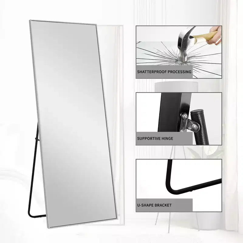 Miroir rectangulaire intégral à bords fins argentés en alliage d'aluminium, 163x54x1,5cm (Support inclus)