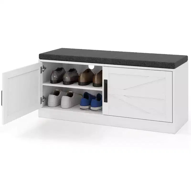 Banc à chaussures Costway, meuble de rangement de style rustique avec coussin, 2 portes et 2 étagères réglables