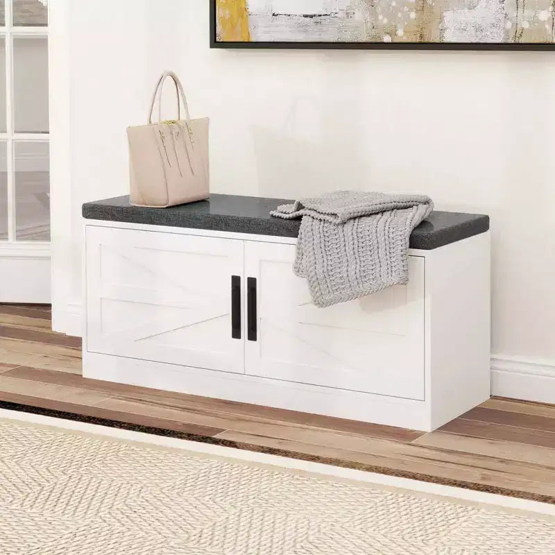 Costway Shoe Bench Farmhouse Shoe Rack Organizer with Cushion 2 Doors 2 Adjustable Shelves